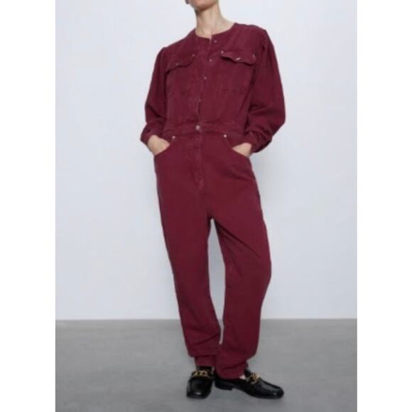 Zara The 80s Collection Devon Denim Wine Utility Jumpsuit size XS - Picture 1 of 8